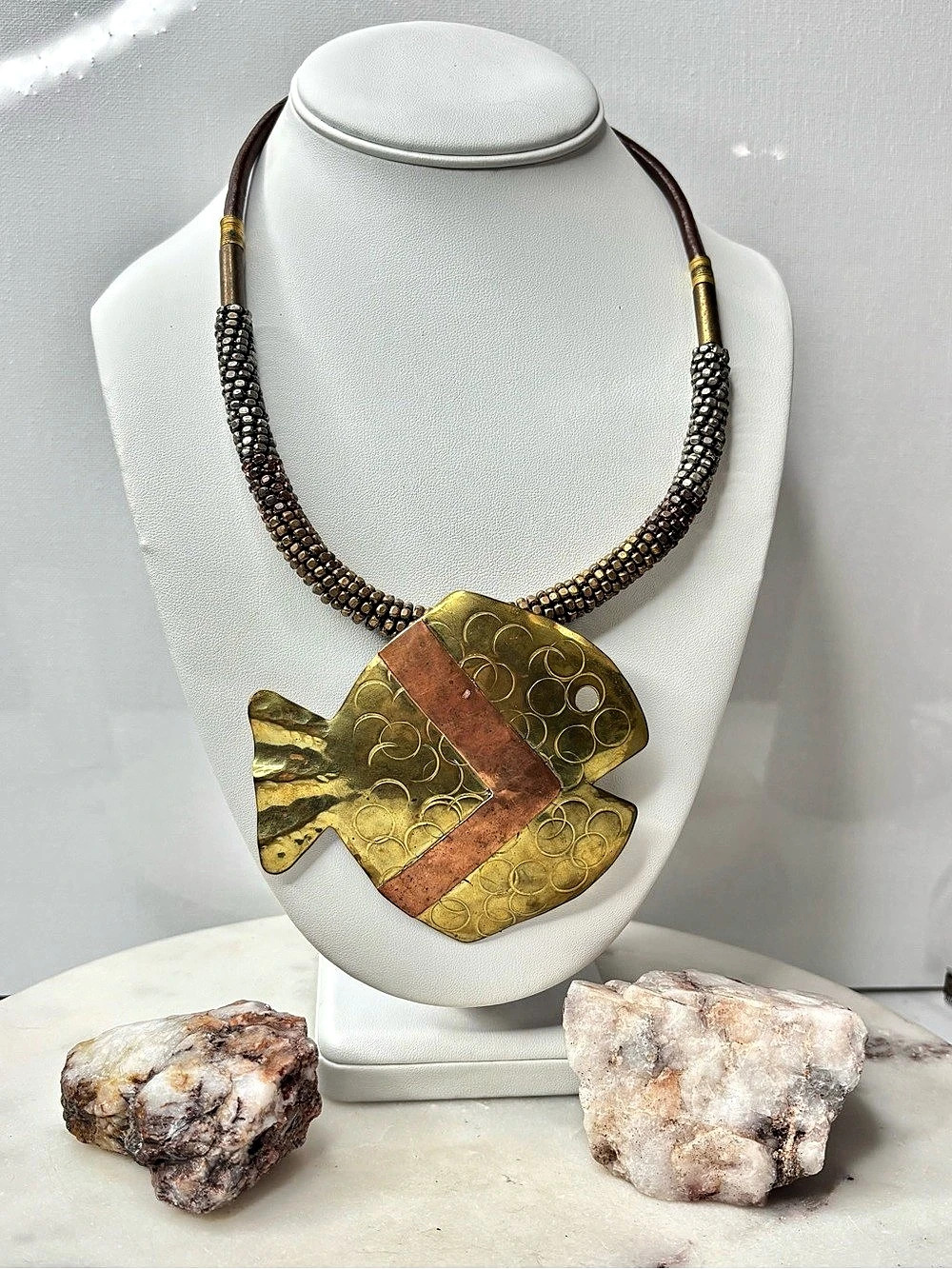 Vintage Statement Fish Pendant Necklace Brass & Copper Mixed Metal